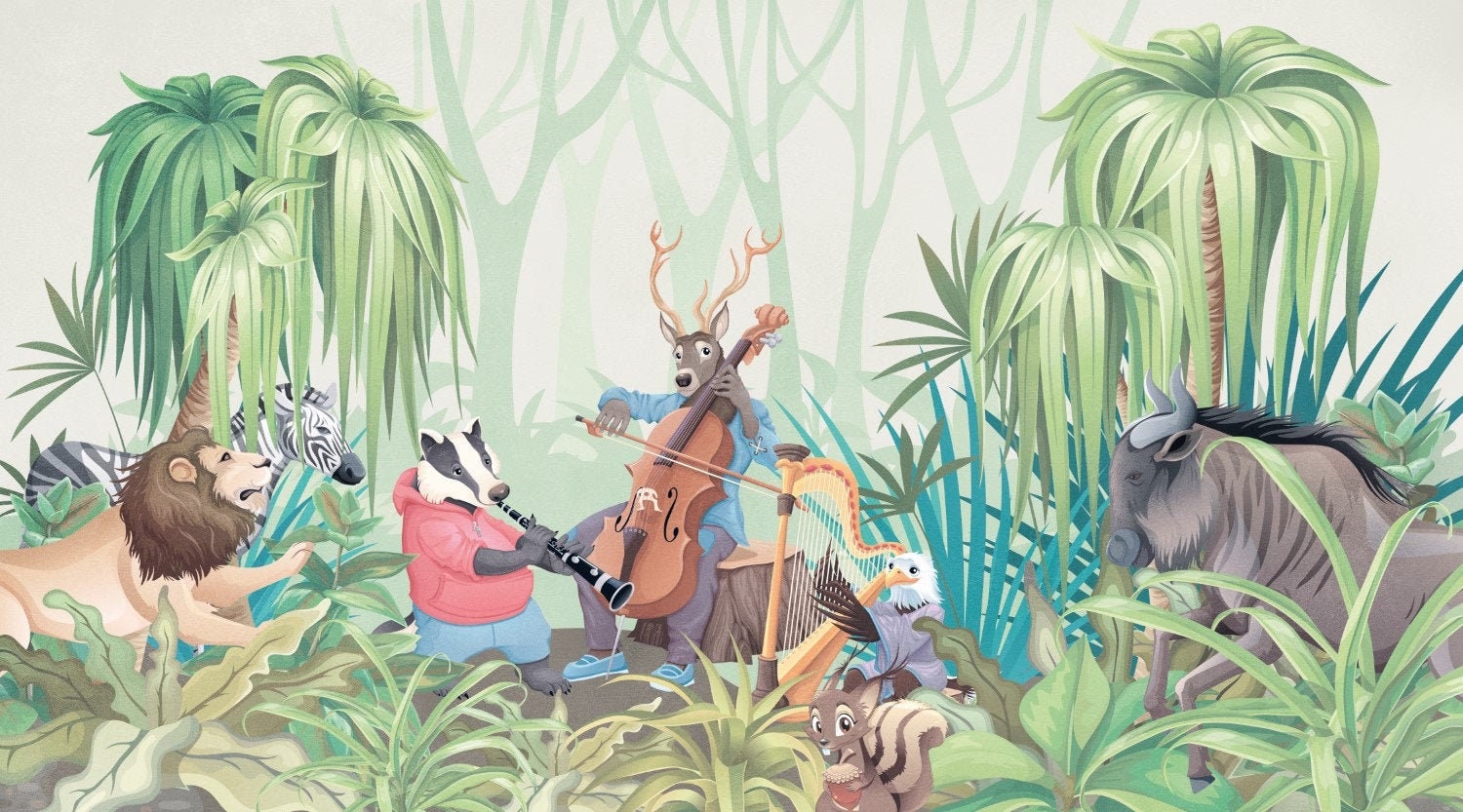 Musical Instruments Forest Animals Playing Musical Instruments in the Forest Wallpaper. Peel and ...