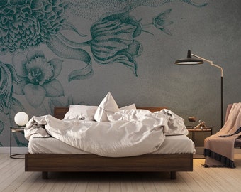 Custom design wallpaper. Black lines and flowers Peel and Stick Wall Sticker  Minimalistic Scandinavian Design Removable Wall Art