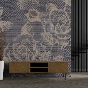 Flowers Sketch Floral Wallpaper on Striped Backdrop, Peel and Stick Mural Poster Classic Art Living Room Bedroom Self Adhesive Wall Poster