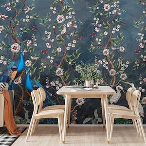 Chinoiserie Flowers and Birds Wallpaper, Peacock, Peel and Stick, Mural, Poster, Classic Art, Living Room, Bedroom, Wallpaper