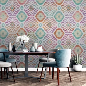 Self Adhesive Wallpaper with Turquoise and Pink Rug-Inspired Pattern - A Vibrant Touch for Your Living Room and Bedroom
