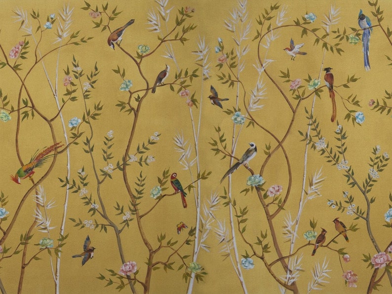 Golden Yellow Chinoiserie Wallpaper With Birds and Flowers Peel and