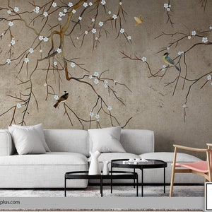 Chinoiserie Weiße Blumen Tapete, Floral Muster Vintage Stil Blätter bunte Vögel und Baumäste. Wanddekoration Design abnehmbar