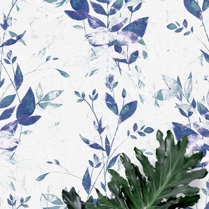 Watercolor Blue Leaves on White Background Peel and stick mural poster Wall decoration Floral Wallpaper Scandinavian Design Removable
