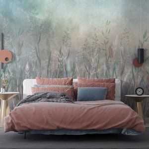 Acquerello Wild Flowers campo, Concrete grey Carta da parati, Peel and stick poster murale Decorazione murale Floral Design Carta da parati rimovibile