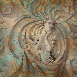 May include: A woman's face is carved into a stone relief, surrounded by swirling patterns. The stone is a mix of brown, gold, and green.