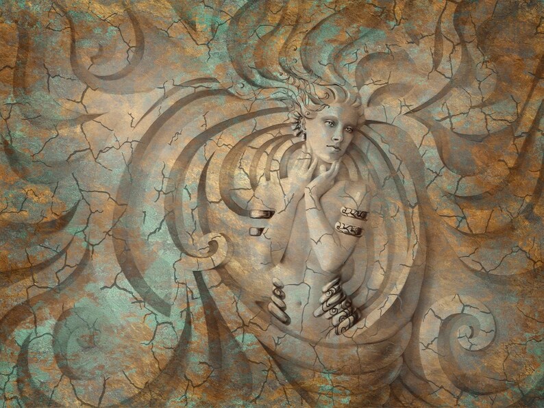 May include: A woman's face is carved into a stone relief, surrounded by swirling patterns. The stone is a mix of brown, gold, and green.