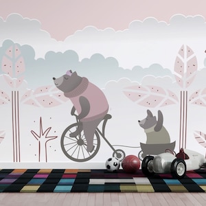 Un oso montando una bicicleta y su secuaz Peel and Stick Wall Sticker Diseño escandinavo minimalista Arte de pared extraíble