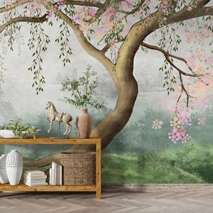 Baum und Nebel Themen Chinoiserie Tapete Muster. Peel and Stick Wandsticker Minimalistisches skandinavisches Design abnehmbare Wandkunst
