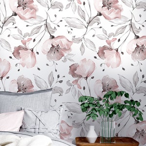 Pink Peonies Flowers and Leaves on White Background Peel and stick mural  Wall decoration Floral Wallpaper Scandinavian Design Removable
