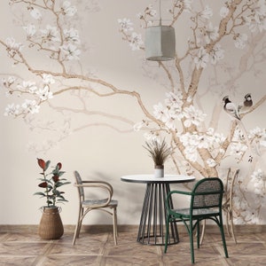 Chinoiserie Magnolia Flowers Wallpaper, Peel and Stick Mural Poster Classic Art Living Room Bedroom Self Adhesive Wall Poster