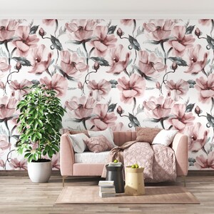 Pink Peonies Flowers and Leaves on White Background Peel and Stick Mural  Wall decoration Floral Wallpaper Scandinavian Design Removable