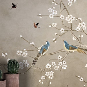 Peel and Stick Mural Chinoiserie Flores y pájaros Papel tapiz Pájaros azules Póster Arte clásico Sala de estar Dormitorio Autoadhesivo Póster de pared