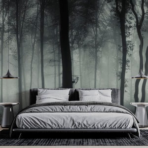Esempio di carta da parati a tema alberi e nebbia. Peel and Stick Adesivo da parete Minimalistic Scandinavian Design Rimovibile Wall Art