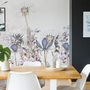 Watercolor Wild Flowers on Beige Background Peel and stick mural poster Wall decoration Floral Wallpaper Scandinavian Design Removable
