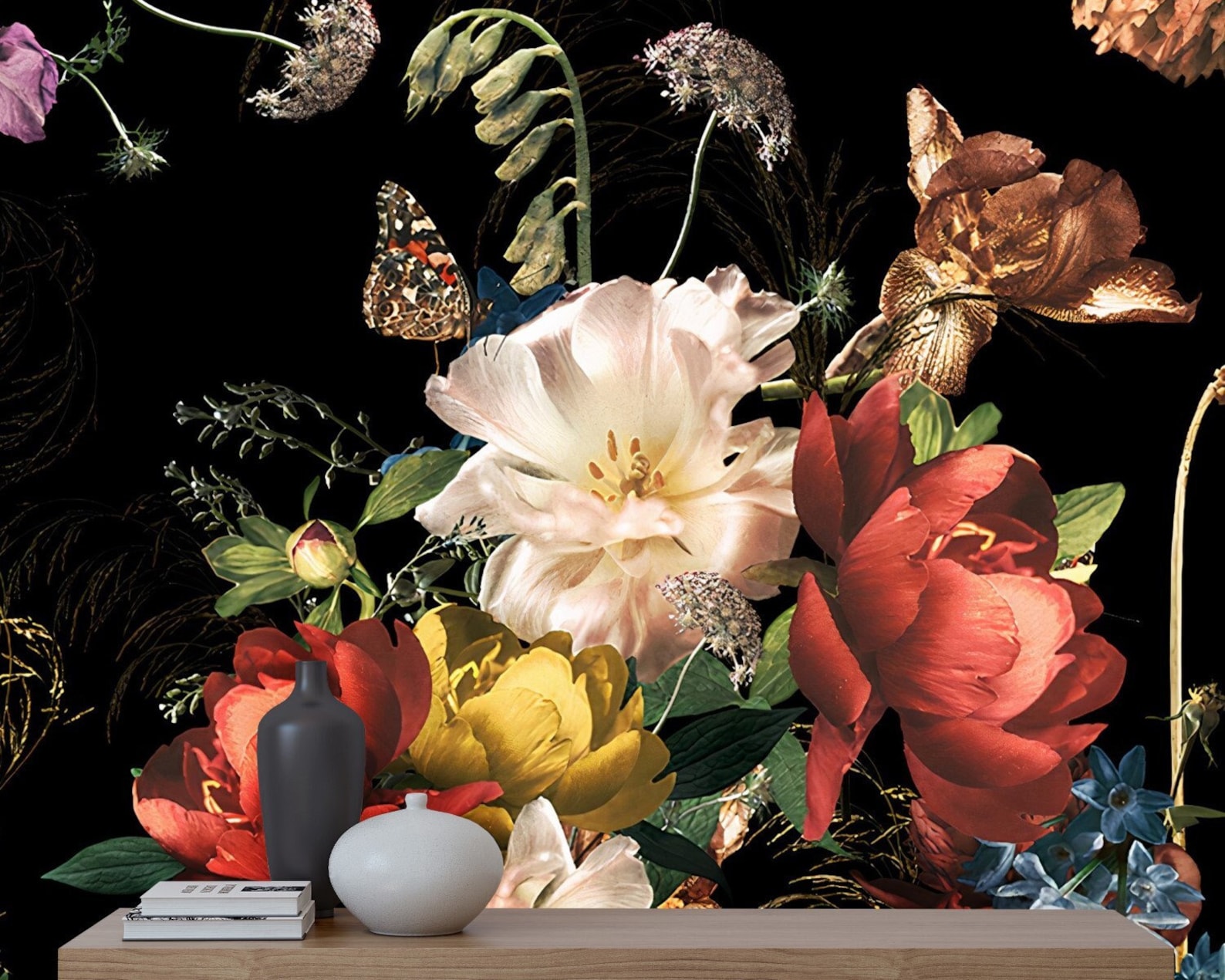 Peonies Flowers Floral Wallpaper Black Background Peel and - Etsy