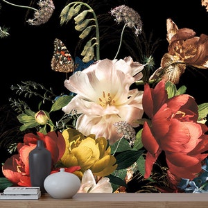Peonies Flowers Floral Wallpaper Black Background Peel and Stick Mural Wall Decoration Floral Wallpaper Scandinavian Design Removable