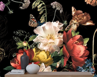 Peonías Flores Papel pintado Floral Fondo Negro Pelar y Pegar Mural Decoración de pared Papel pintado Floral Diseño escandinavo Extraíble