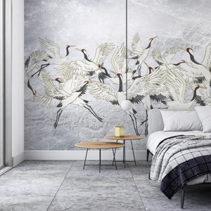 Crane Birds Design Wallpaper, Peel and Stick Mural Poster Classic Art Living Room Bedroom Self Adhesive Wall Poster