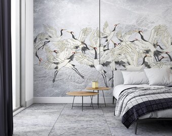 Crane Birds Design Wallpaper, Peel and Stick Mural Poster Classic Art Living Room Bedroom Self Adhesive Wall Poster