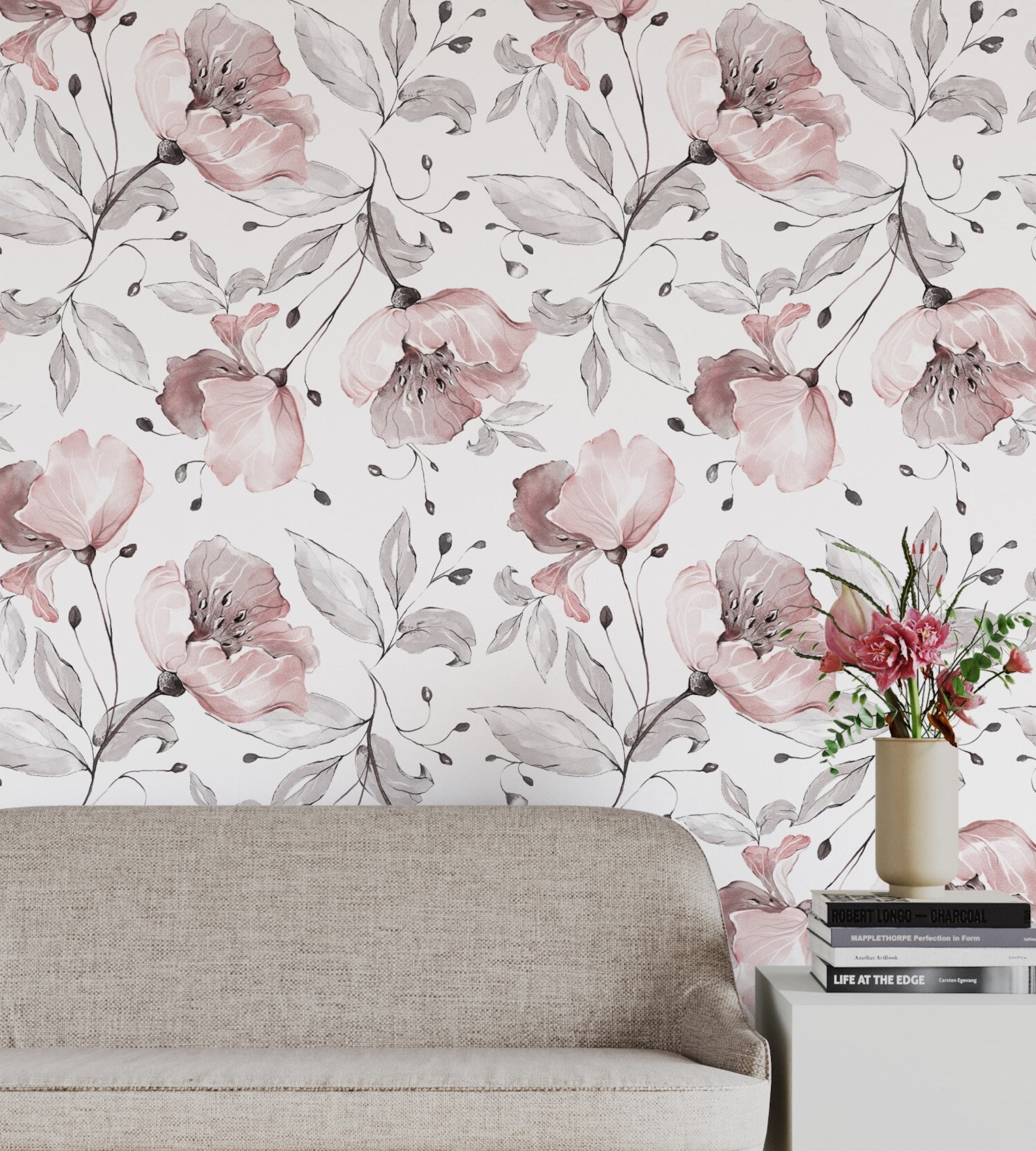 Pink Peonies Flowers and Leaves on White Background Peel and Stick ...