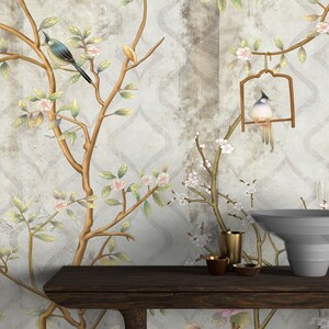 Chinoiserie Fiori e Uccelli Carta da parati, Uccelli blu, Peel and Stick Poster murale Classic Art Soggiorno Camera da letto Poster da parete autoadesivo