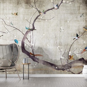 Chinoiserie Wallpaper, Chinoiserie Trees Wallpaper, Peel and Stick Mural Poster Classic Art Living Room Bedroom Self Adhesive Wall Poster