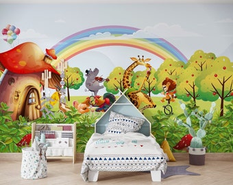 Animals Playing in Front of the Chalet Wallpaper, Rainbow, Removable Wall Art, Peel and Stick Wall Sticker Removable Wall Art