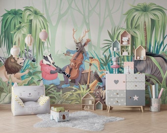 Animals playing musical instruments in the forest wallpaper. Peel and Stick Wall Sticker Minimalistic Scandinavian Design Removable Wall Art