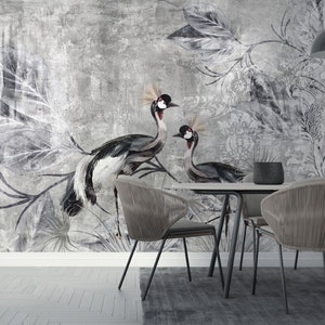 Pájaros grulla y hojas grandes, papel tapiz de diseño de adorno, póster mural de pelar y pegar arte clásico Sala de estar Dormitorio Póster de pared autoadhesivo