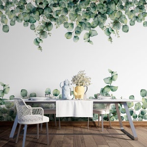 Watercolor Eucalyptus Leaves, Flowers Wallpaper Tropical Flowers Wall Mural Peel and Stick Wall Art Easy Removable Vintage Wallpaper