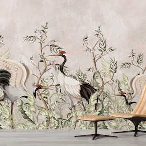 Chinoiserie Flowers and Crane Birds Mural Wallpaper, Peel and Stick Mural Poster Classic Art Living Room Bedroom Self Adhesive Wall Poster