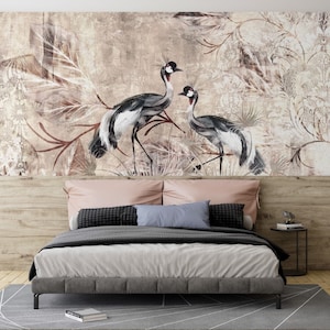 Pájaros grulla y hojas grandes, papel tapiz de diseño de adorno, póster mural de pelar y pegar arte clásico Sala de estar Dormitorio Póster de pared autoadhesivo