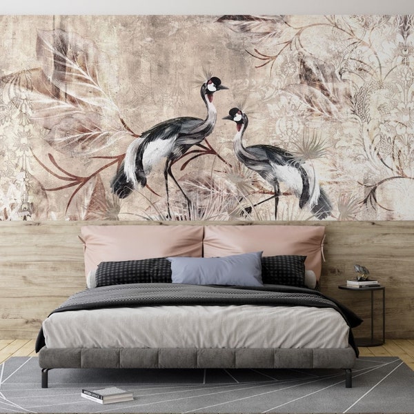 Crane Birds and Big Leaves, Ornament Design Wallpaper, Peel and Stick Mural Poster Classic Art Living Room Bedroom Self Adhesive Wall Poster