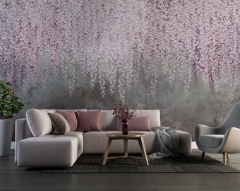 Beautiful Pink Wisteria Vine Hanging, Wisteria Wallpaper, Wisteria Wall Mural, Peel and stick mural poster Wall decoration Floral Wallpaper
