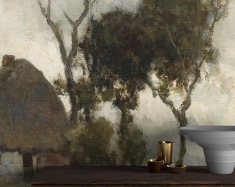 Casa del villaggio e albero su carta da parati da parete con pittura a olio, poster murale con buccia e bastone Poster da parete autoadesivo per soggiorno camera da letto d'arte classica