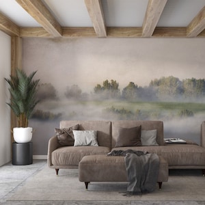 Esempio di carta da parati a tema alberi e nebbia. Peel and Stick Adesivo da parete Minimalistic Scandinavian Design Rimovibile Wall Art