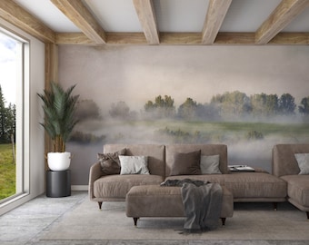 Trees and fog themed wallpaper sample. Peel and Stick Wall Sticker Minimalistic Scandinavian Design Removable Wall Art