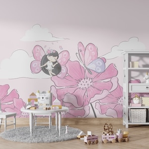 Bambina fata e carta da parati floreale. Peel and Stick Adesivo da parete Minimalistic Scandinavian Design Rimovibile Wall Art