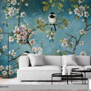Sfondo blu Fiori bianchi Carta da parati staccabile e attaccabile, Carta da parati rimovibile Adesivo murale rimovibile Acquerello Botanico Adesivo murale