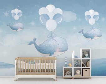 Colorful whales children's room wallpaper. Peel and Stick Wall Sticker  Minimalistic Scandinavian Design Removable Wall Art