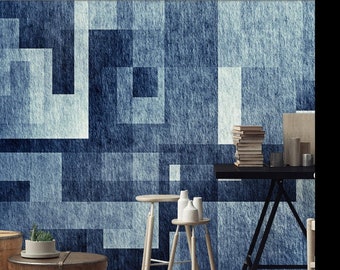 Geometric blue lines damask design themed wallpaper.Peel and Stick Wall Sticker  Minimalistic Scandinavian Design Removable Wall Art