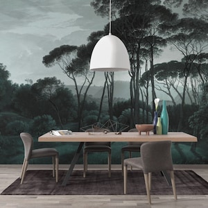 Alberi e nebbia Carta da parati a tema Campione Peel and Stick Adesivo da parete Minimalistic Scandinavian Design Removable Wall Art