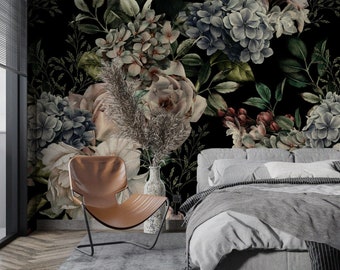 Peonías Flores, Papel Pintado Floral, Fondo Negro, Pelar y pegar mural Decoración de pared Papel Pintado Floral Diseño Escandinavo Extraíble