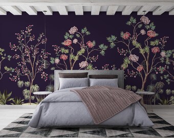 Chinoiserie Flowers and Pink Flowers Wallpaper, Peel and Stick Mural Poster Classic Art Living Room Bedroom Self Adhesive Wall Poster