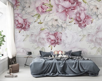 Pink White Peony Flowers Peel and Stick Wallpaper, Peony Flowers Mural, Peel and Stick