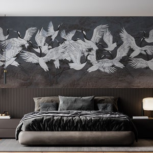 Stylish Peel and Stick Wallpaper with Black and White Crane Birds Design on a Grey Background - Perfect for Living Room and Bedroom