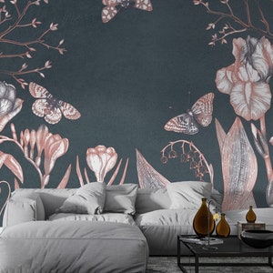 Colorido papel pintado floral. Papel pintado floral. Peel and Stick Wall Sticker Diseño escandinavo minimalista Arte de pared extraíble