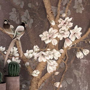 Chinoiserie Magnolia Flowers Wallpaper, Peel and Stick Mural Poster Classic Art Living Room Bedroom Self Adhesive Wall Poster