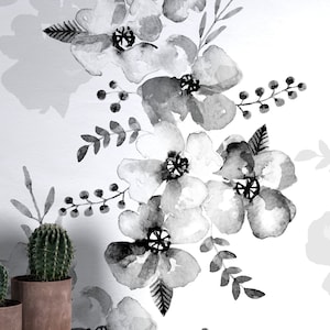 Acquerello bianco e nero buccia di fiori e bastone murale murale, carta da parati, carta da parati floreale design scandinavo rimovibile